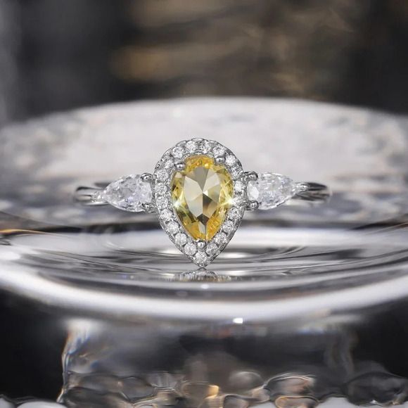 😍925 Silver Yellow Water Drop Romantic Crystal Diamond Ring for Women, K778 - Picture 5 of 10